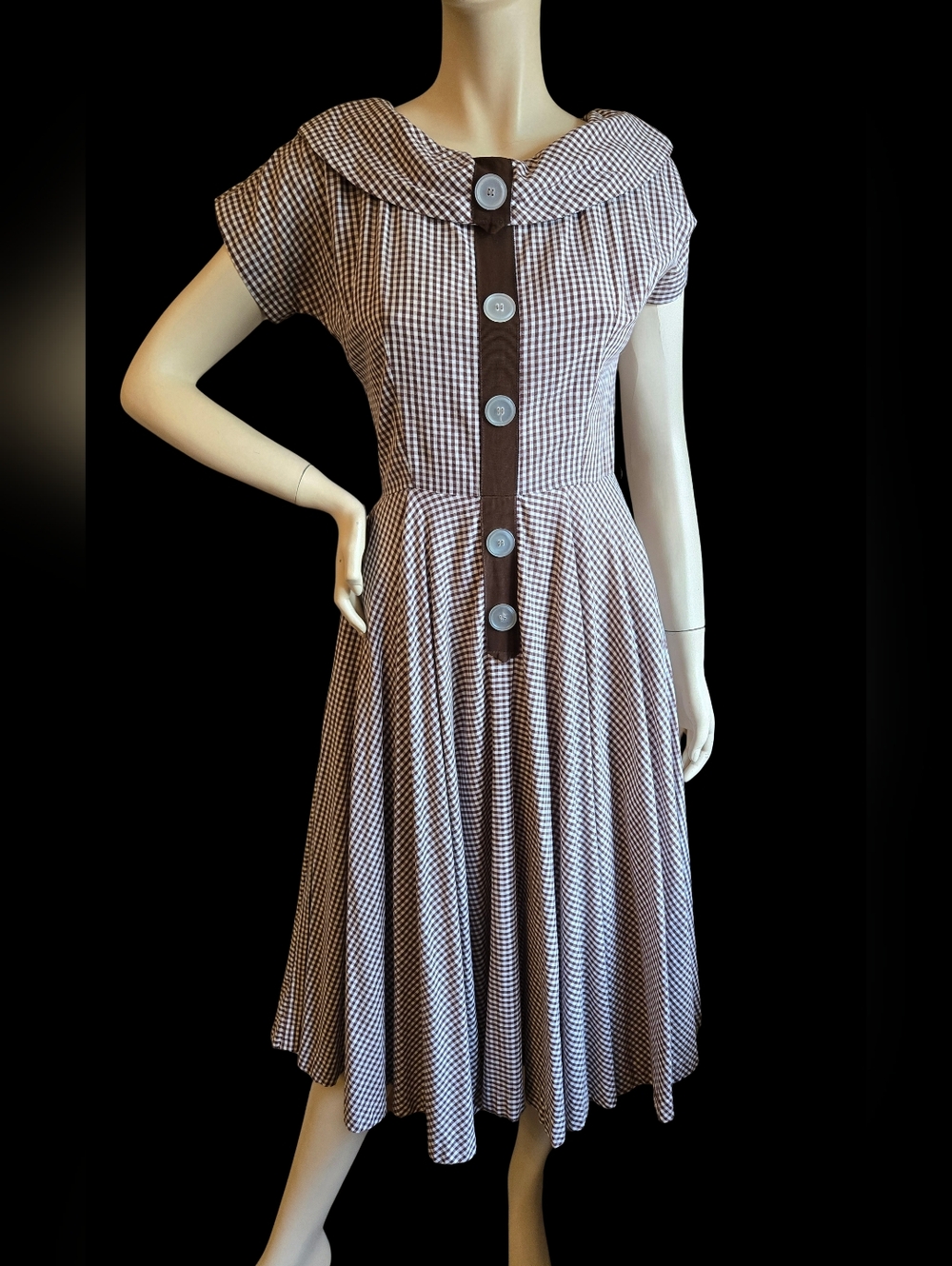 1960's Vintage Brown & White Gingham Checked Cotton dress ~ S ~